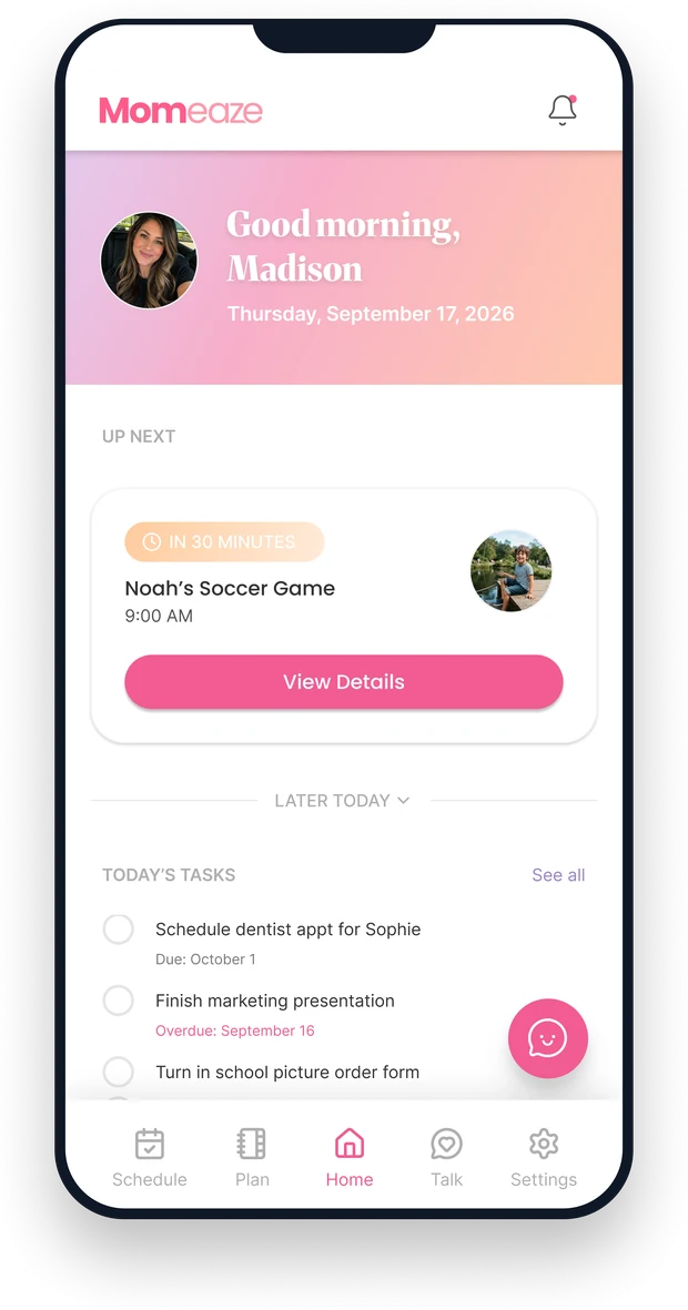 The Momeaze home screen on a phone: a good-morning greeting, the next thing on the calendar, and today's tasks