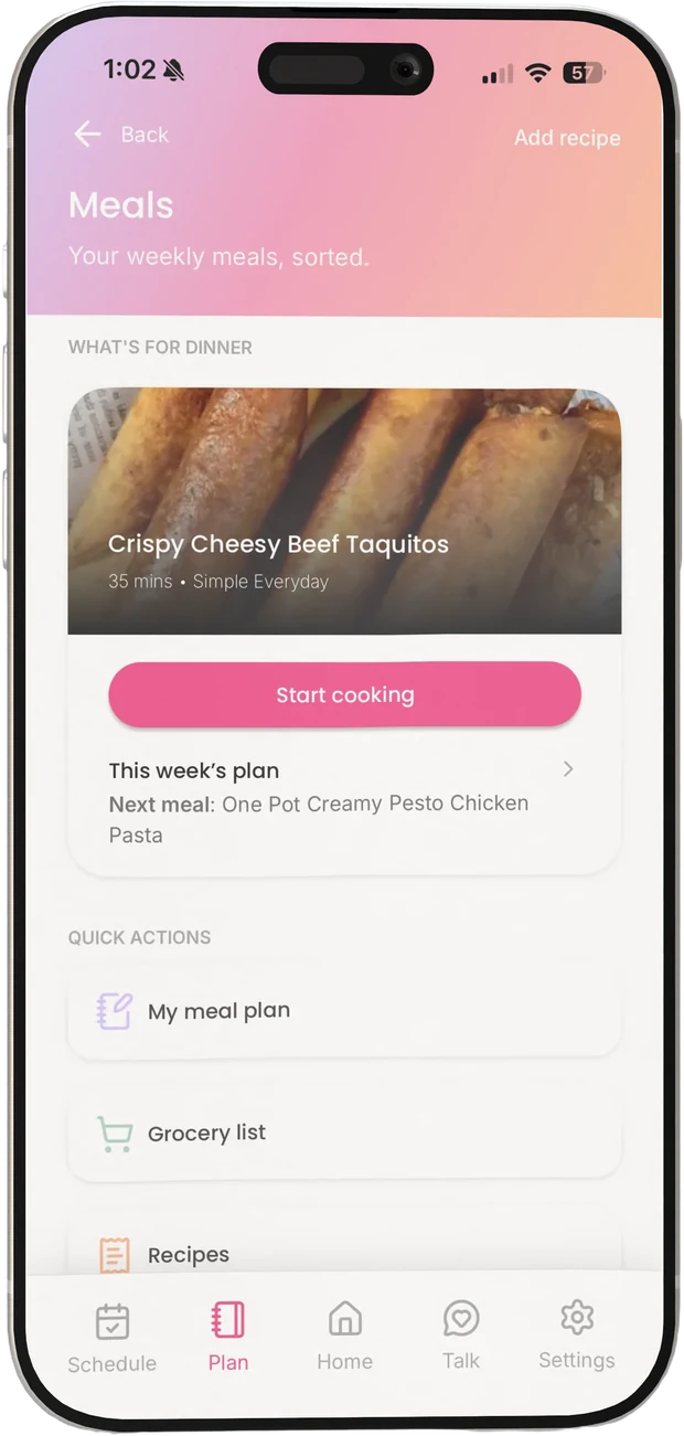 The Momeaze meal planning screen on a phone: tonight's dinner, this week's plan, and links to the meal plan, grocery list and recipes